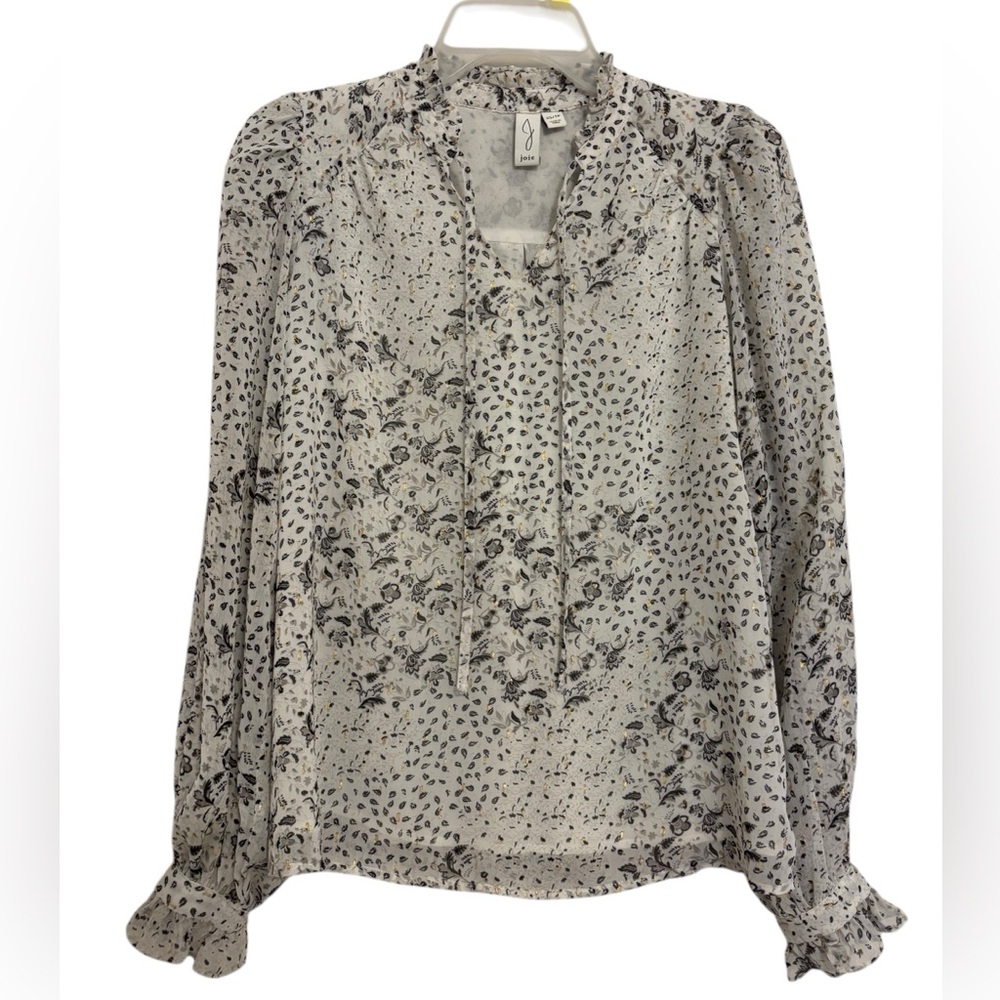 JOIE Blouse Medium Ivory Gold Metallic Chiffon Lined High Ruffle Collar